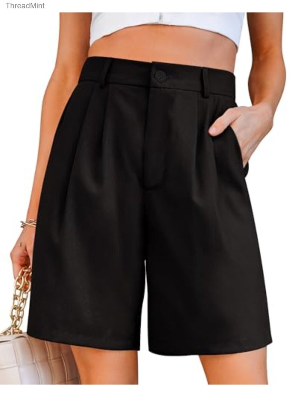 Dressy High Waisted Pleated Bermuda Shorts with Pockets